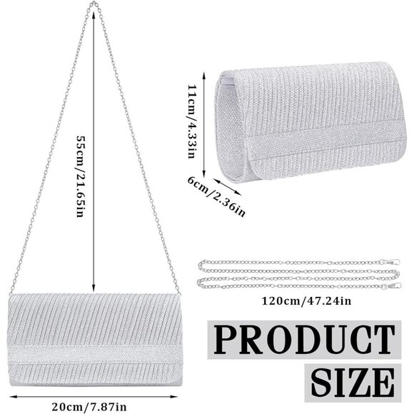 🆕Elegant Evening Clutch Purse for Women Silver Satin with Chain Strap for Party - Picture 6 of 7